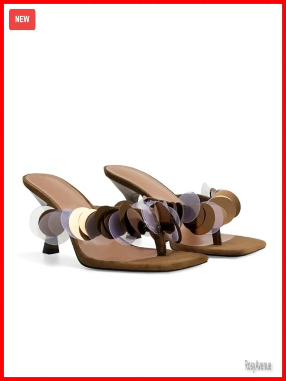 Square Open Strappy Kitten Heeled Sandals with Plastic Disc Straps, Slip On